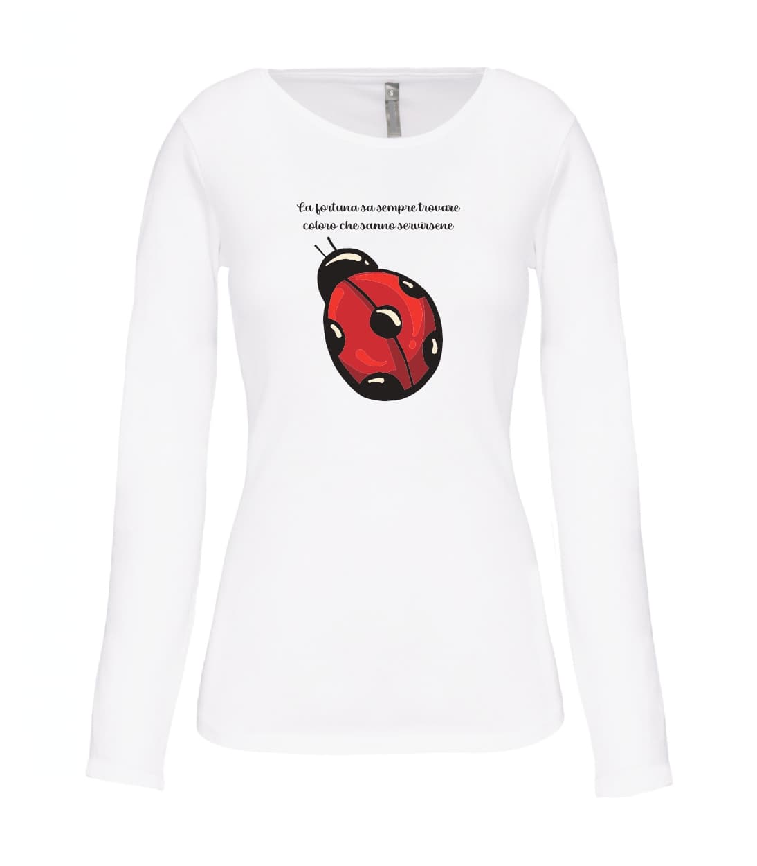 T-shirt_donna_manica_lunga_bianco_la_fortuna_sa_sempre_trovare_coloro_coccinella