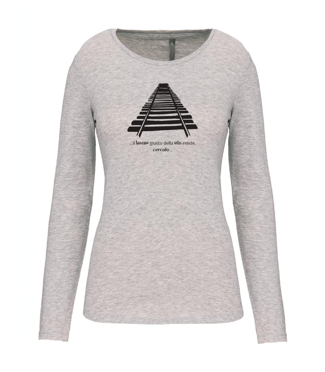T-shirt_donna_manica_lunga_grigio_melange_il_binario_giusto_nella_vita_esiste-cercalo