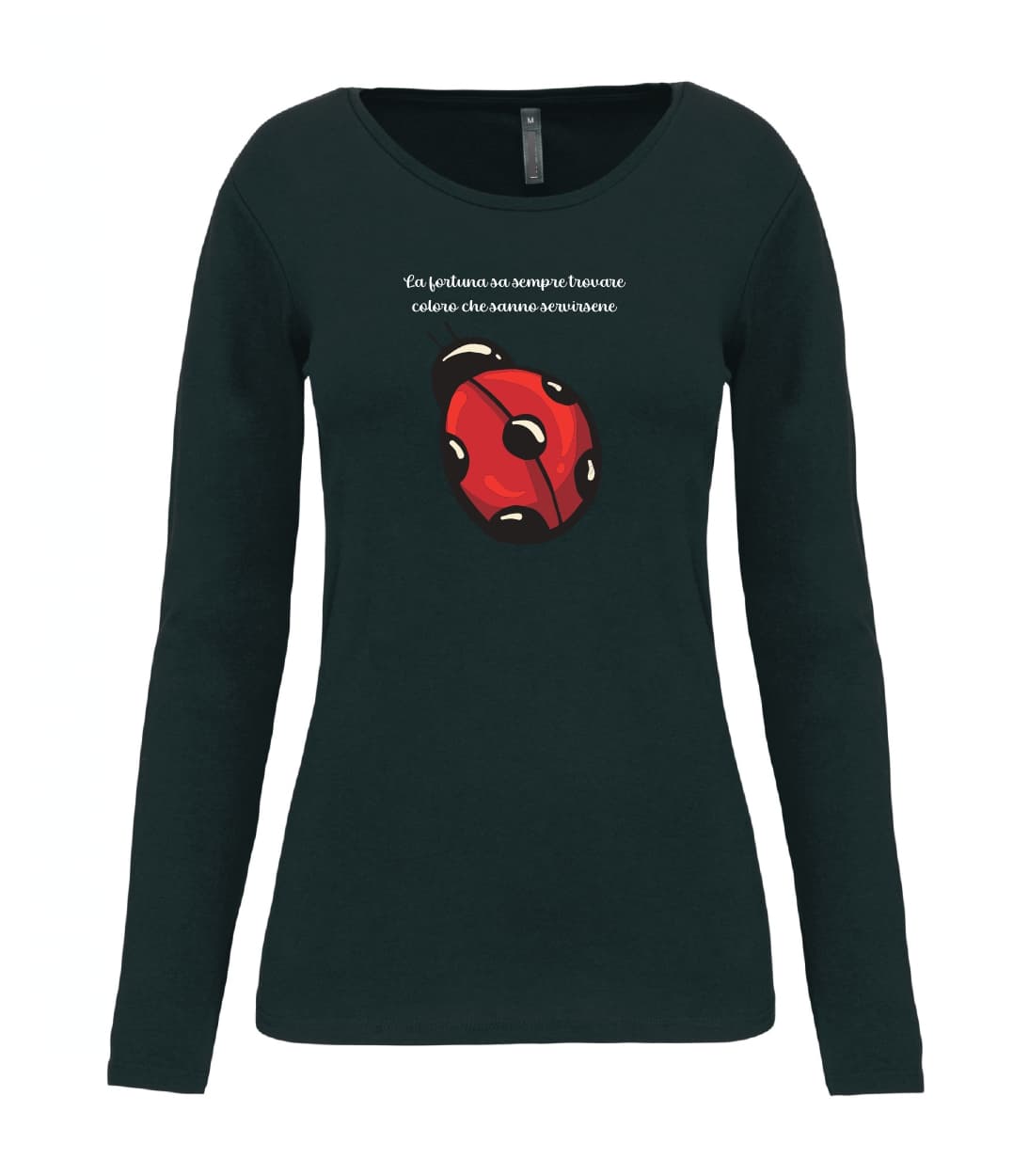 T-shirt_donna_manica_lunga_nero_la_fortuna_sa_sempre_trovare_coloro_coccinella