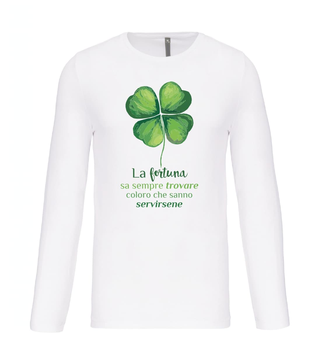 T-shirt_uomo_manica_lunga_bianco_la_fortuna_sa_sempre_trovare_coloro_quadrifoglio
