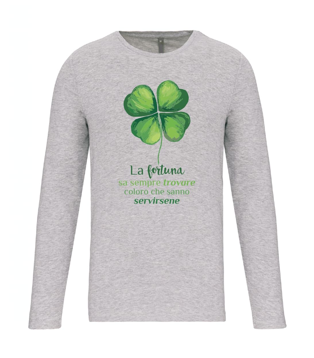 T-shirt_uomo_manica_lunga_grigio_melange_la_fortuna_sa_sempre_trovare_coloro_quadrifoglio