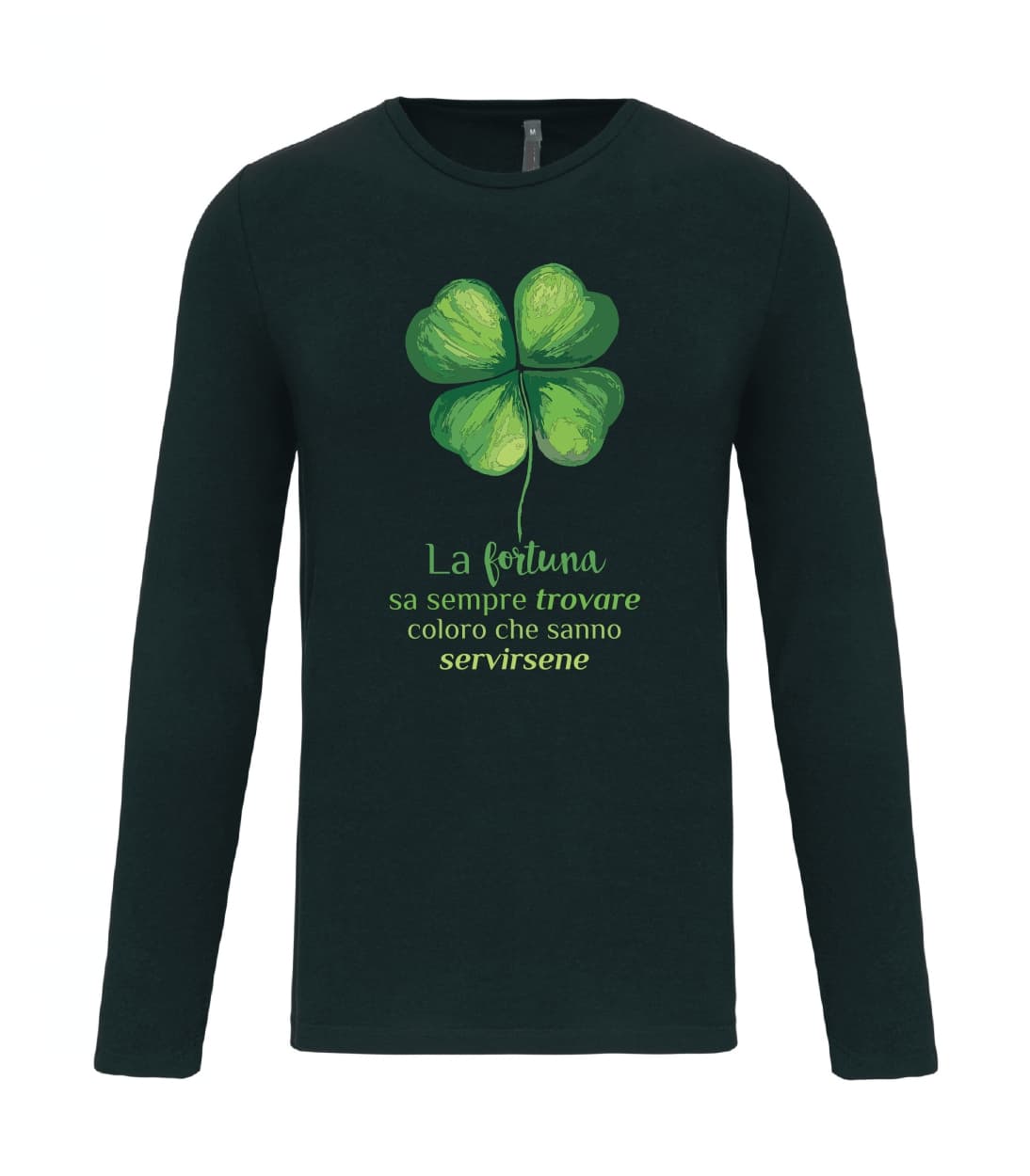 T-shirt_uomo_manica_lunga_nero_la_fortuna_sa_sempre_trovare_coloro_quadrifoglio