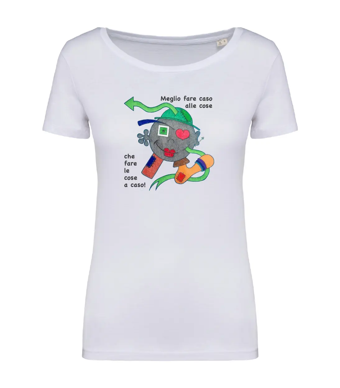 T-shirt_donna_manica_corta_bianco_Meglio_fare_caso_alle_cose