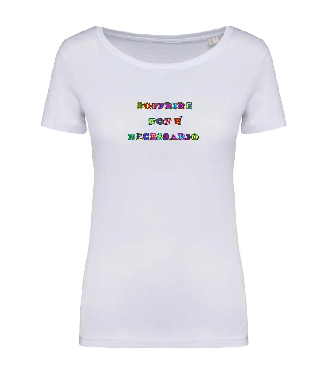 T-shirt_donna_manica_corta_bianco_soffrire_non_e_necessario